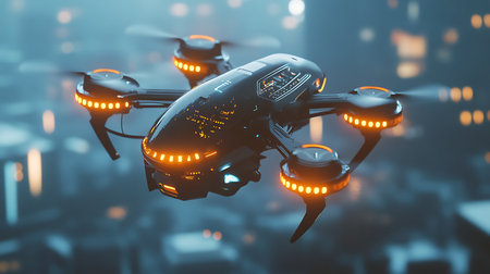 A futuristic drone with orange lights is flying over a city. The drone is surrounded by a cityscape with tall buildings and lights, giving the impression of a futuristic worldの素材