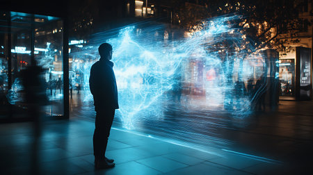 A man stands in front of a building with a blue light surrounding him. The light is creating a sense of wonder and amazement, as if the man is in a different world. The scene is set in a city at nightの素材