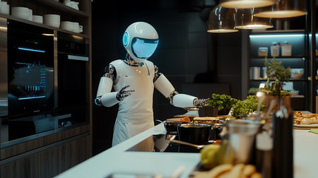 A robot chef is cooking in a kitchen with a white apron on. The robot is surrounded by various kitchen appliances and utensils, including a pot, a knife, and a spoon. Concept of futuristic technologyの素材