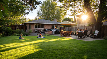 A family is enjoying a sunny day in their backyard. There are several people sitting on lawn chairs and a few children playing in the grass. The atmosphere is relaxed and cheerfulの素材