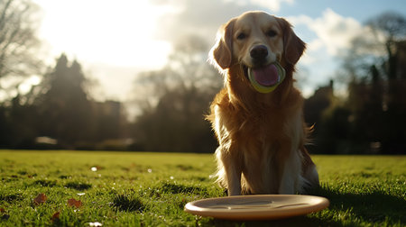 A golden retriever is sitting on the grass with a frisbee in its mouth. The dog appears to be enjoying its time outdoors and is ready to playの素材
