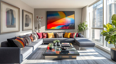 A large living room with a colorful abstract painting on the wall. The room is filled with comfortable furniture, including a couch, chairs, and a coffee table. There are also potted plants and a vaseの素材