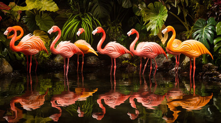 A group of flamingos are standing in a pond. The image has a peaceful and serene mood, as the flamingos are surrounded by lush greenery and the water is calmの素材