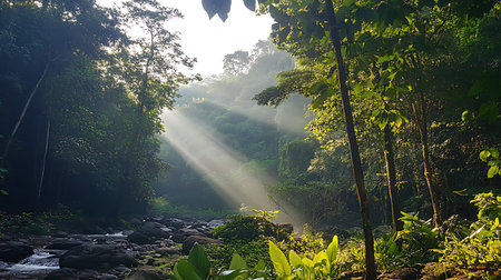The sun is shining through the trees, casting a warm glow on the forest floor. The light is filtering through the leaves, creating a peaceful and serene atmosphereの素材