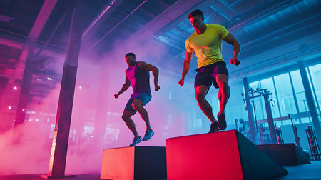 Two men are running up a red obstacle course. The obstacle course is set up in a gym with a lot of equipmentの素材