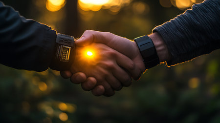 Two people shaking hands with a watch on their wrist. The watch is black and has a white faceの素材
