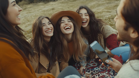 A group of young women are sitting on a blanket and laughing together. One of them is holding a cell phoneの素材