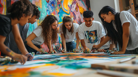 A group of young people are painting a mural together. The mural is colorful and has a lively, creative vibeの素材
