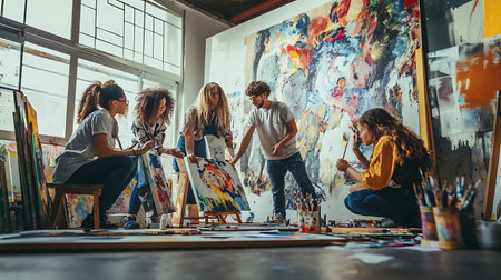 A group of people are painting a mural in a studio. Scene is collaborative and creativeの素材