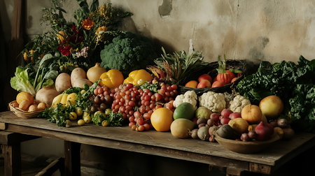 A table full of fruits and vegetables. The table is covered with a variety of fruits and vegetables, including apples, oranges, grapes, and broccoli. Concept of abundance and freshnessの素材