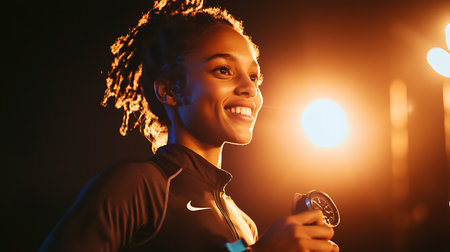 A woman is smiling and holding a Nike branded sports watch. Concept of positivity and motivation, as the woman is enjoying her workout and embracing an active lifestyleの素材