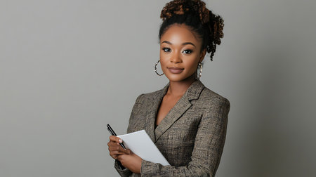 A woman in a business suit holding a pen and a piece of paper. She is smiling and she is confidentの素材