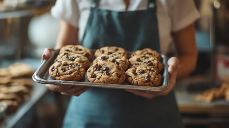 A woman is holding a tray of chocolate chip cookies. The tray is filled with cookies of various sizes and shapes. The woman is wearing a blue apron and she is a baker or a cookの素材