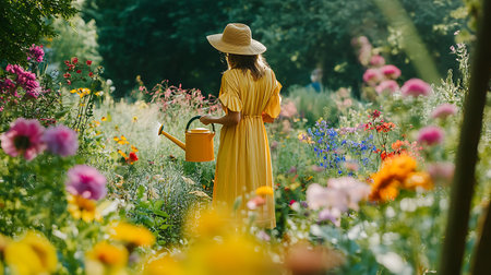 A woman in a yellow dress is watering flowers in a garden. The flowers are of various colors, including pink, purple, and yellow. The scene is peaceful and sereneの素材