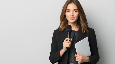 A woman wearing a microphone and holding a laptop. She is smiling and she is confident. Concept of professionalism and competenceの素材