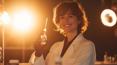 A woman in a lab coat holding a syringe. She is smiling and she is happyの素材