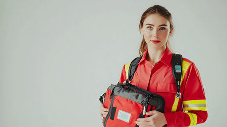 A woman in a red shirt and yellow vest is holding a red bag. She is smiling and looking at the cameraの素材