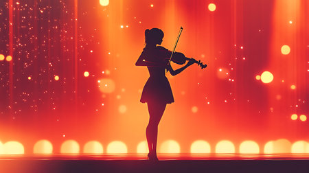 A woman is playing a violin on a stage with a red curtain behind her. The stage is lit up with bright lights, creating a dramatic and captivating atmosphere. Concept of elegance and artistryの素材