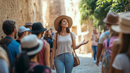A woman wearing a straw hat is walking down a street with a group of people. She is holding a handbag and smilingの素材