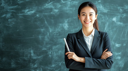 A woman in a business suit is smiling and holding a clipboard. Concept of professionalism and confidenceの素材