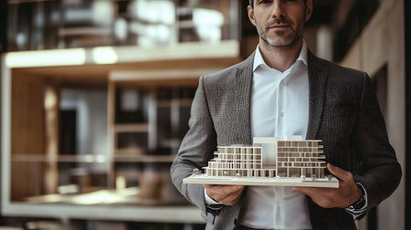 A man in a suit holding a model of a building. The building is tall and has many floors. The man is standing in front of a building with a large windowの素材