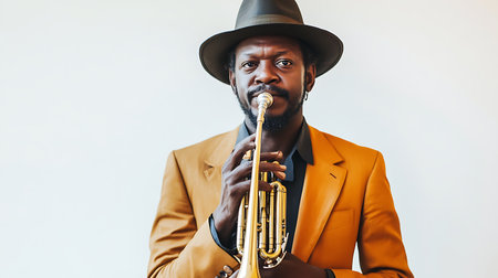 A man in a yellow suit and hat is playing a trumpet. Concept of elegance and sophistication, as the man is dressed in a formal outfit while playing a musical instrument. The hat adds a touch of styleの素材