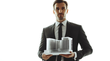 A man in a suit holding a model of a building. Concept of professionalism and sophistication, as the man is dressed in a suit and tieの素材