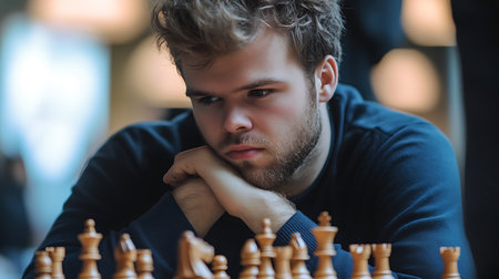A man is sitting in front of a chess board with his hand on his chin. He looks very focused and seriousの素材