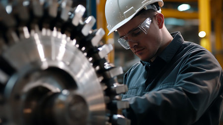 A man in a hard hat is working on a machine. He is wearing safety glasses and a jacketの素材