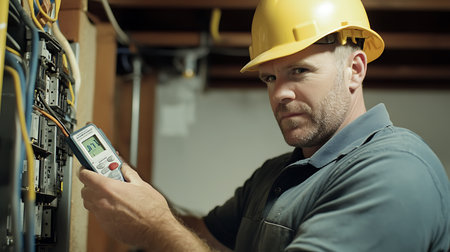 A man in a yellow hard hat is working on electrical wiring. He is holding a multimeter and he is focused on his taskの素材