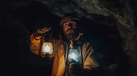 A man is holding two lanterns in a dark cave. Scene is mysterious and adventurousの素材