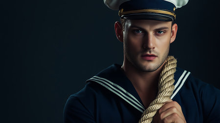 A man in a sailor's hat is holding a rope. The image has a moody and mysterious feel to itの素材
