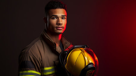 A man in a fireman's uniform holding a yellow helmet. The man is wearing a brown jacket and a black shirtの素材