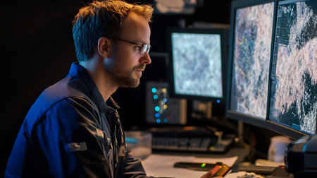 A man is sitting in front of two computer monitors, one of which is displaying a map. He is wearing glasses and he is focused on the screenの素材