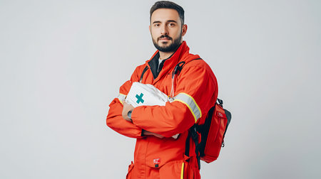 A man in an orange jumpsuit is holding a white medical kit. He is wearing a backpack and has his arms crossedの素材