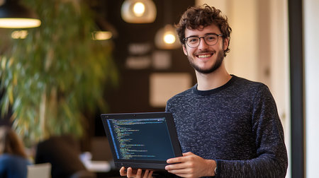 A man is holding a laptop and smiling. He is wearing glasses and a black sweater. Concept of happiness and accomplishment, as the man is proud of his work on the laptopの素材