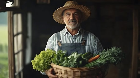 A man wearing a straw hat and apron holding a basket of vegetables. The basket is filled with carrots, broccoli, and lettuceの素材