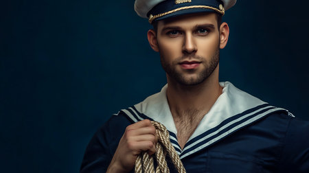 A man in a sailor's hat and uniform holding a rope. Concept of adventure and exploration, as the man is dressed for a life at seaの素材