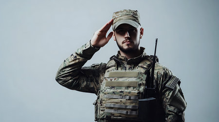A man in a military uniform salutes. He is wearing a hat and a vest. He is holding a radioの素材