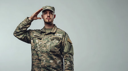 A man in a military uniform salutes. He is wearing a camouflage jacket and hat. Concept of respect and honor for the militaryの素材