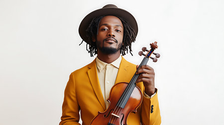 A man in a yellow suit holding a violin. The man is wearing a hat and has a beardの素材