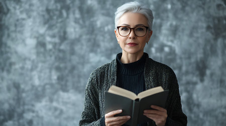 A woman with glasses is reading a book. She is wearing a black sweater and she is focused on the bookの素材