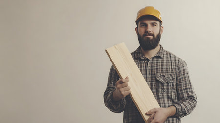 A man with a yellow hard hat is holding a piece of wood. He is smiling and he is proud of his workの素材
