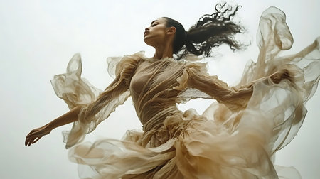 A woman in a white dress is dancing in the air. The dress is flowing and the woman's hair is in a ponytail. Concept of freedom and joy, as the woman is enjoying herself while dancingの素材