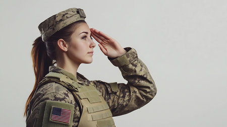 A woman in a military uniform salutes the American flag. Concept of patriotism and respect for the countryの素材
