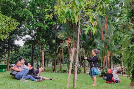Kuala Lumpur, Malaysia - February 10, 2016: Young smiling girl taking photo of their friends on smartphon in KLCC Park, Kuala Lumpur, Malaysia. It is a known place for recreation in the capitalのeditorial素材