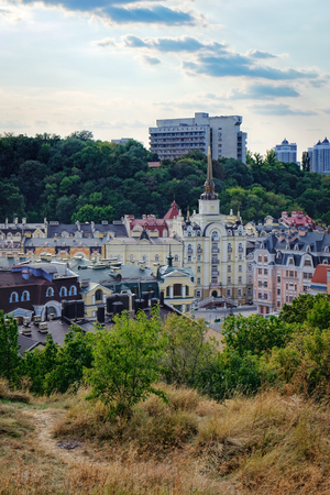 Views of modern and ancient buildings from the Castle hill or Zamkova Hora in Kiev, Ukraine. Castle hill is a historical landmark in the center of the city.のeditorial素材