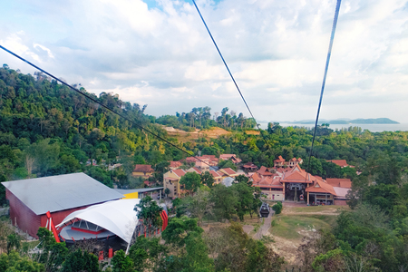 Langkawi, Malaysia - February 16, 2016: View of the Base Station located at the Oriental Village from a gondola. Langkawi SkyCab or Cable Car is one of the major attractions in the islandのeditorial素材