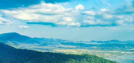 View of blue sky, sea and mountain seen from Cable Car viewpoint, Langkawi, Malaysia. Picturesque...