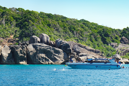 Phang Nga, Thailand - January 4, 2016: View from the tour boat to the Similan Island, Andaman Sea, Thailand. People snorkeling and diving in crystal blue water.のeditorial素材
